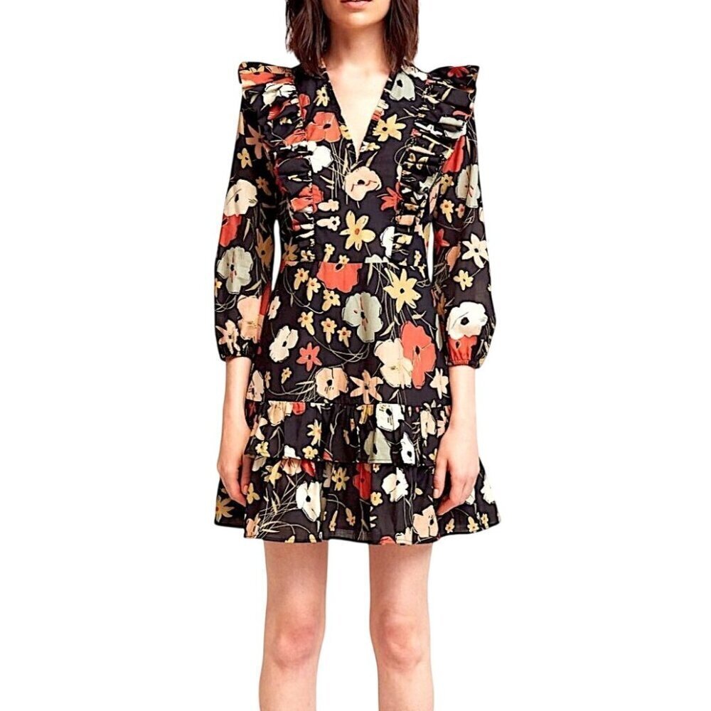 Warm NY Brianna Black‎ Floral Print Cotton Mini Dress, Size 0